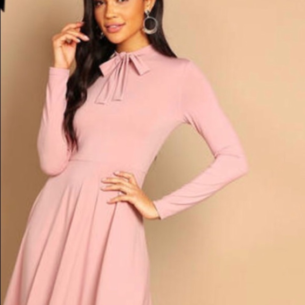Pink Fit & Flare Bow Tie Neck Dress